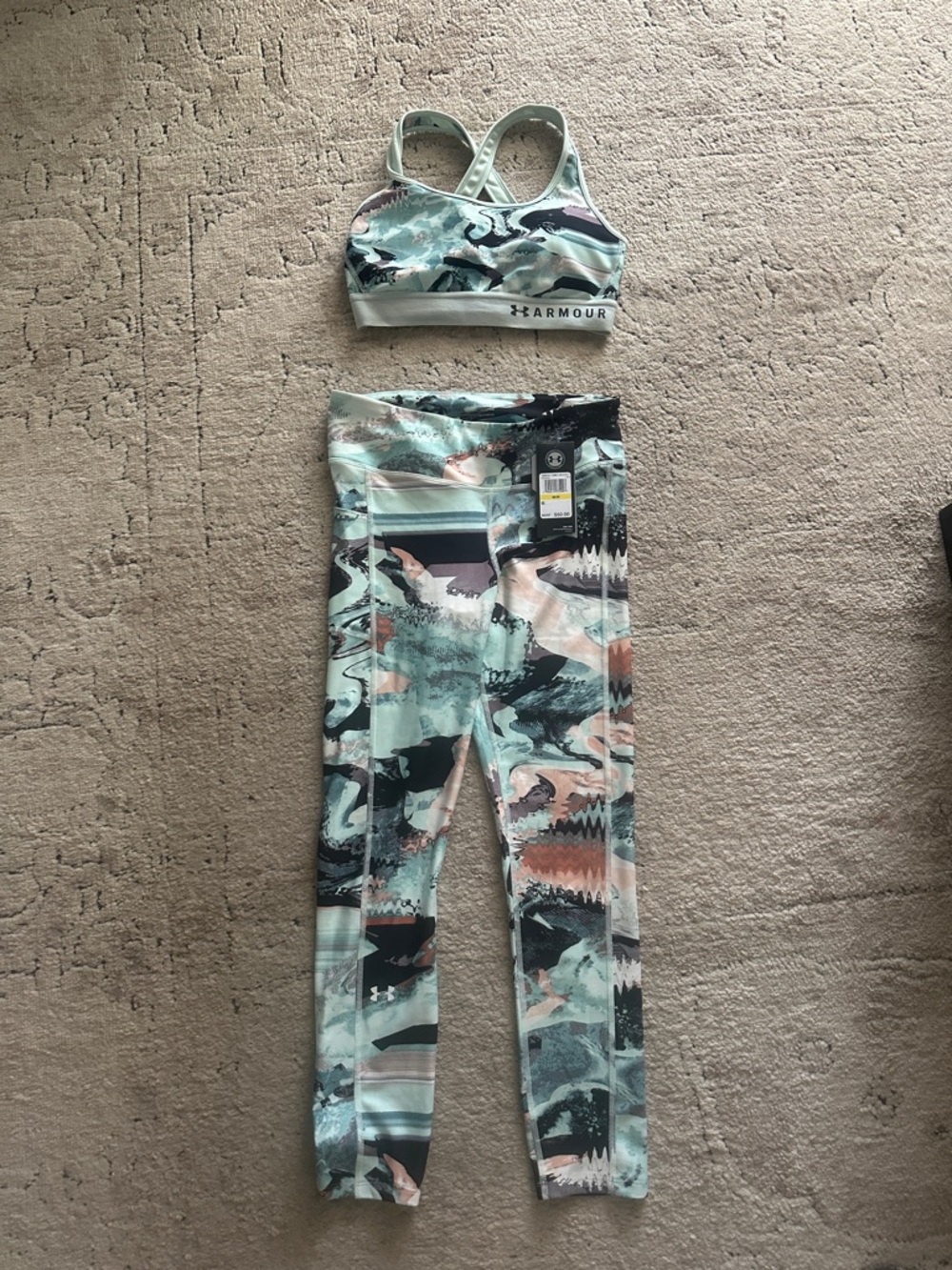 Under Armour Mint, Blush & Black Abstract Print Sports Bra and Leggings Set